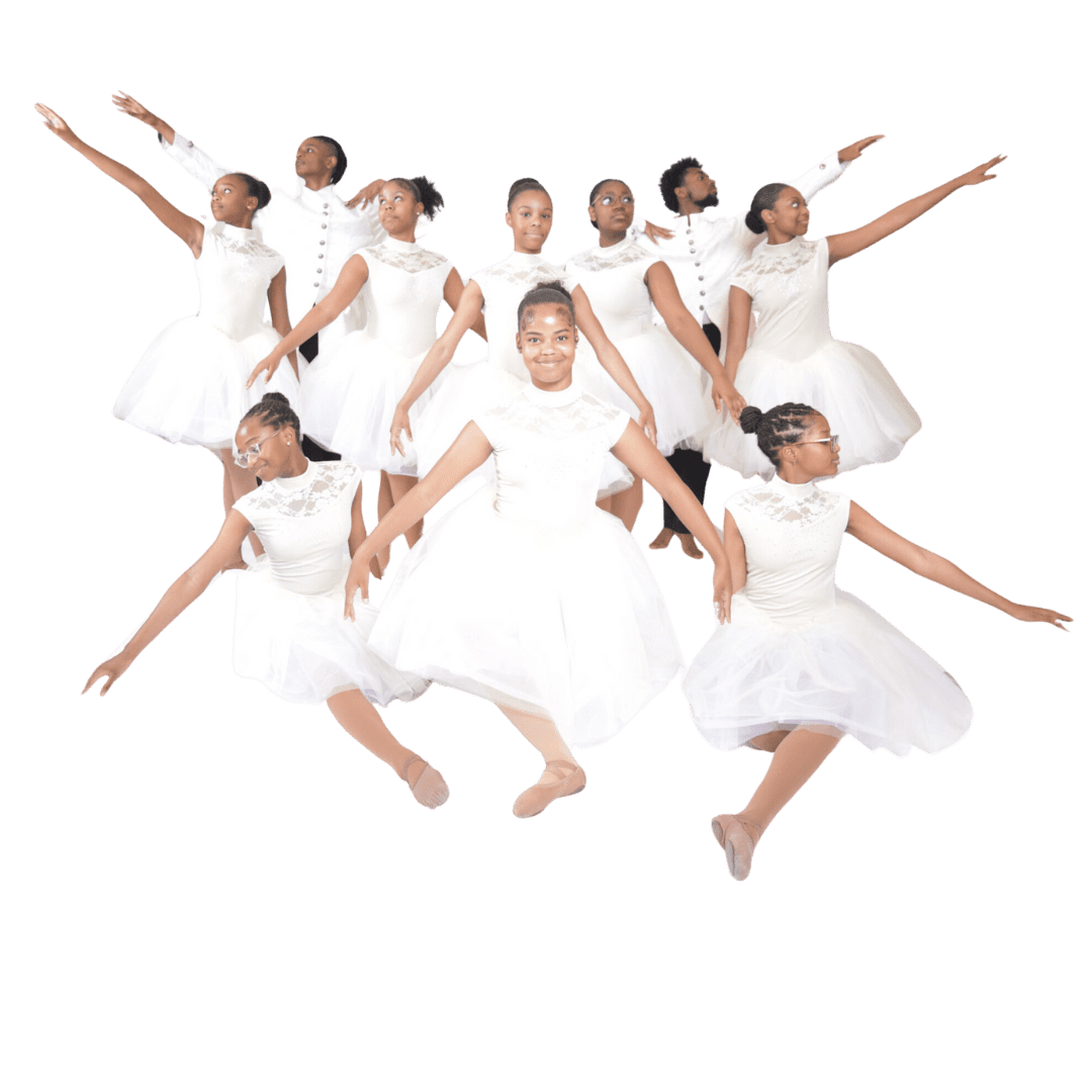 Young dancers in elegant white dresses showcase their talent in a synchronized performance Young dancers in elegant white dresses showcase their talent in a synchronized performance